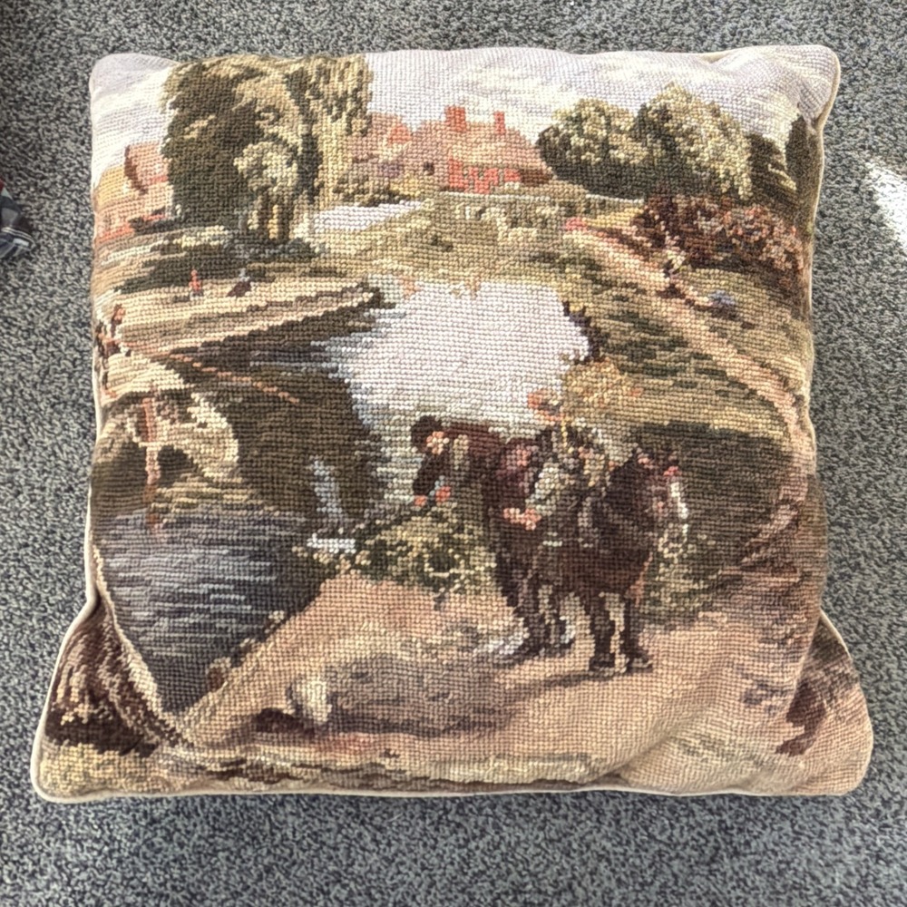 Vtg Wool Needlepoint Pillow French Countryside House Fishing Horse 17" Velvet